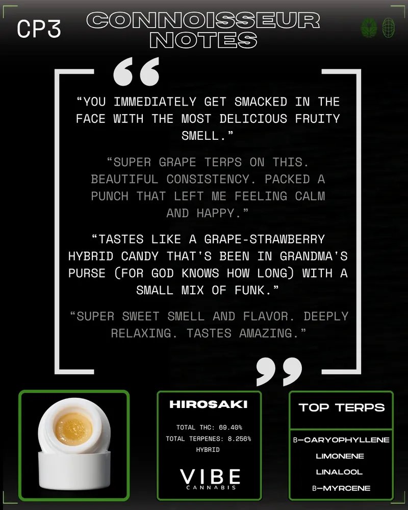 Connoisseur tasting notes for VIBE's first-place Hirosaki Danish live rosin.